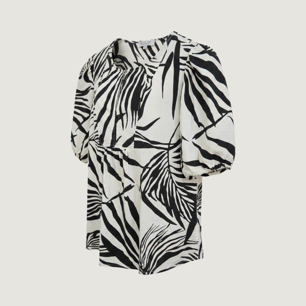 Rachel Zoe Womens Linen Blend Palm Print Puff Sleeve Blouse Black White Medium